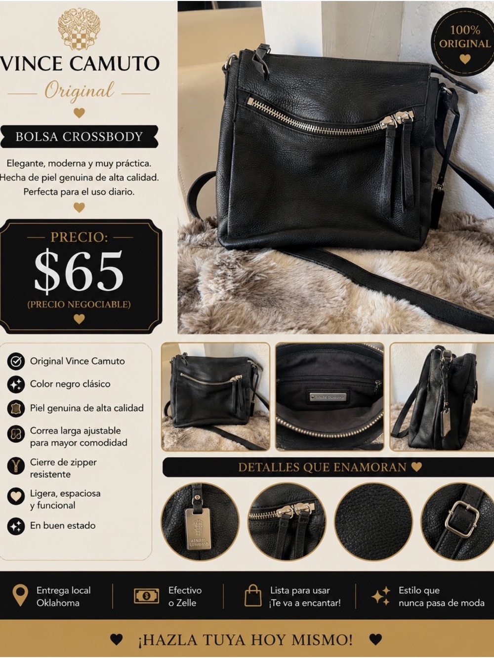 Vince Camuto Black Leather Crossbody with Tassel Front Zip